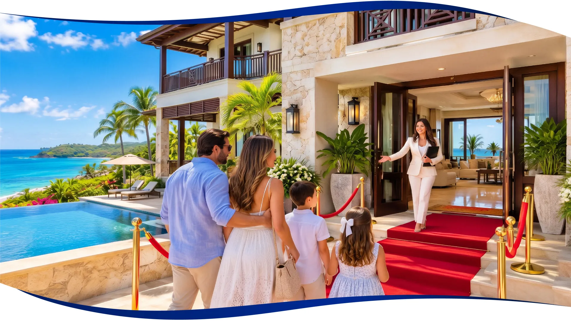 Family welcomed on a red carpet at the entrance of a luxury beachfront villa